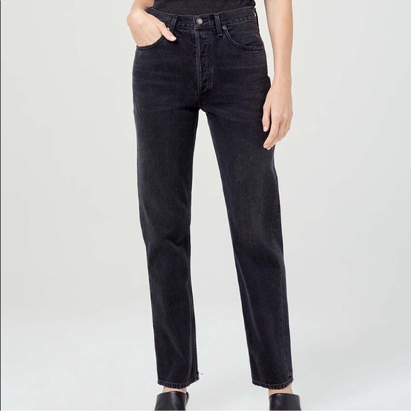 Agolde Denim - Agolde ‘Lana’ Black Button Fly High Rise Straight Leg Denim Jeans Size 28
